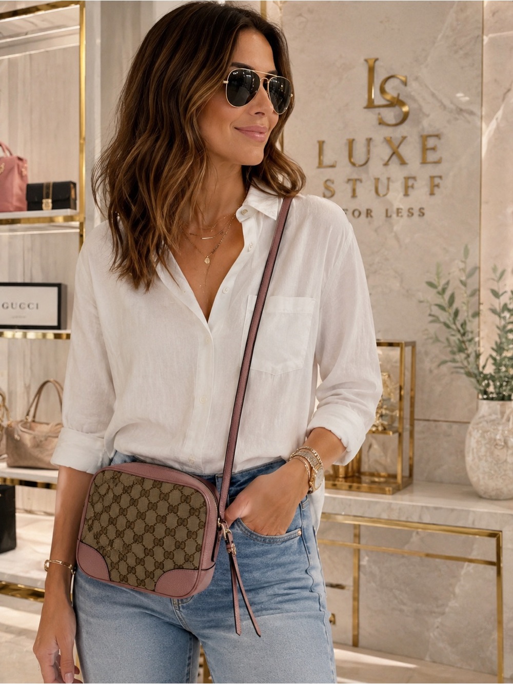 Authentic Gucci Bree GG Canvas Mini Camera Crossbody Bag w duster & Certificate